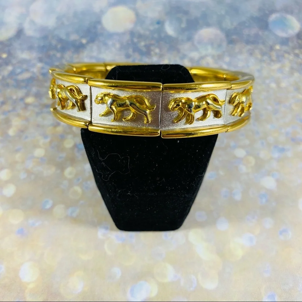 Killer cool 1980s two tone stretch link gold silver panther bracelet